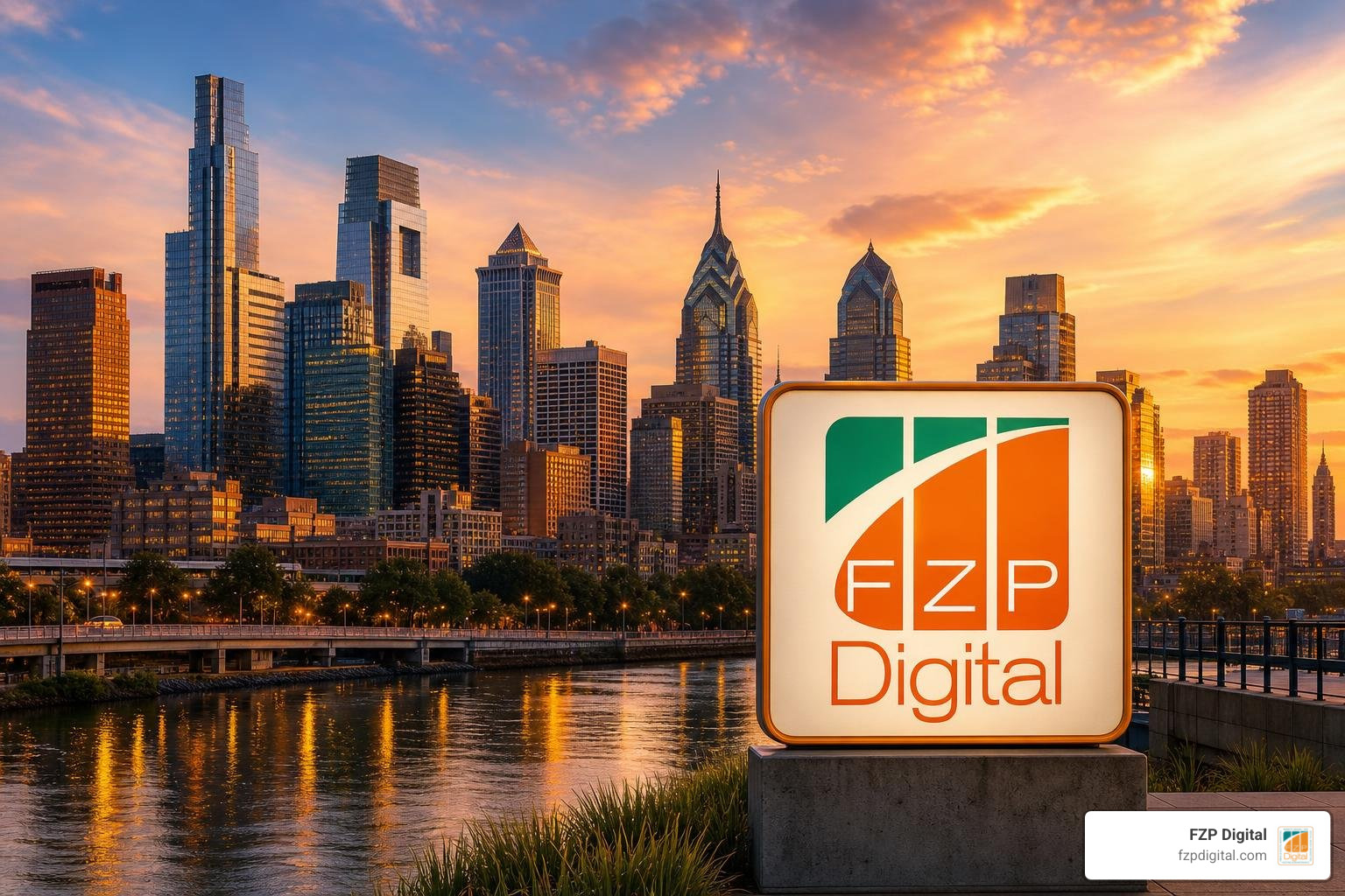 Philadelphia website developer skyline with FZP Digital logo Philadelphia website developer skyline with FZP Digital logo