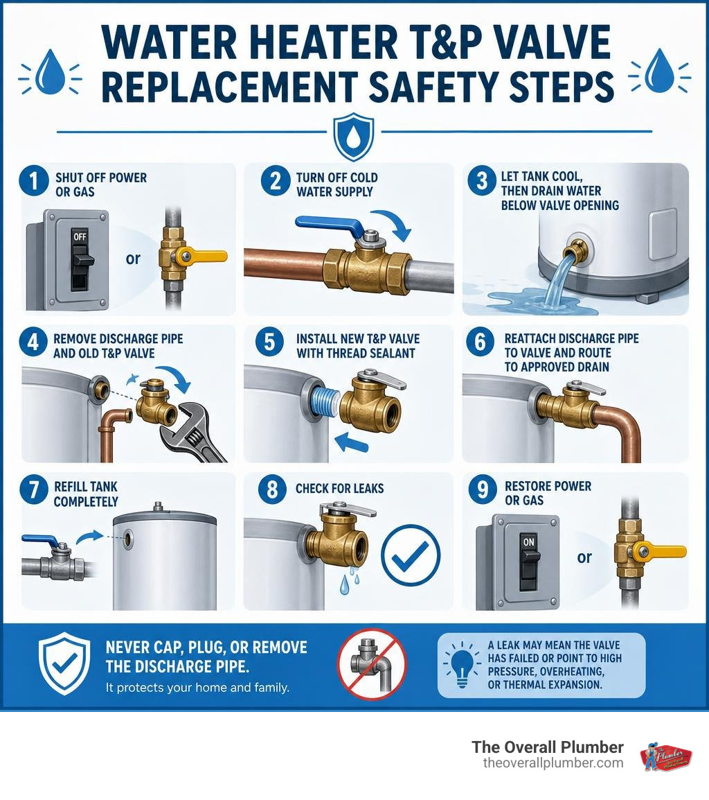 Water heater T&P valve replacement safety steps infographic Water heater T&P valve replacement safety steps infographic
