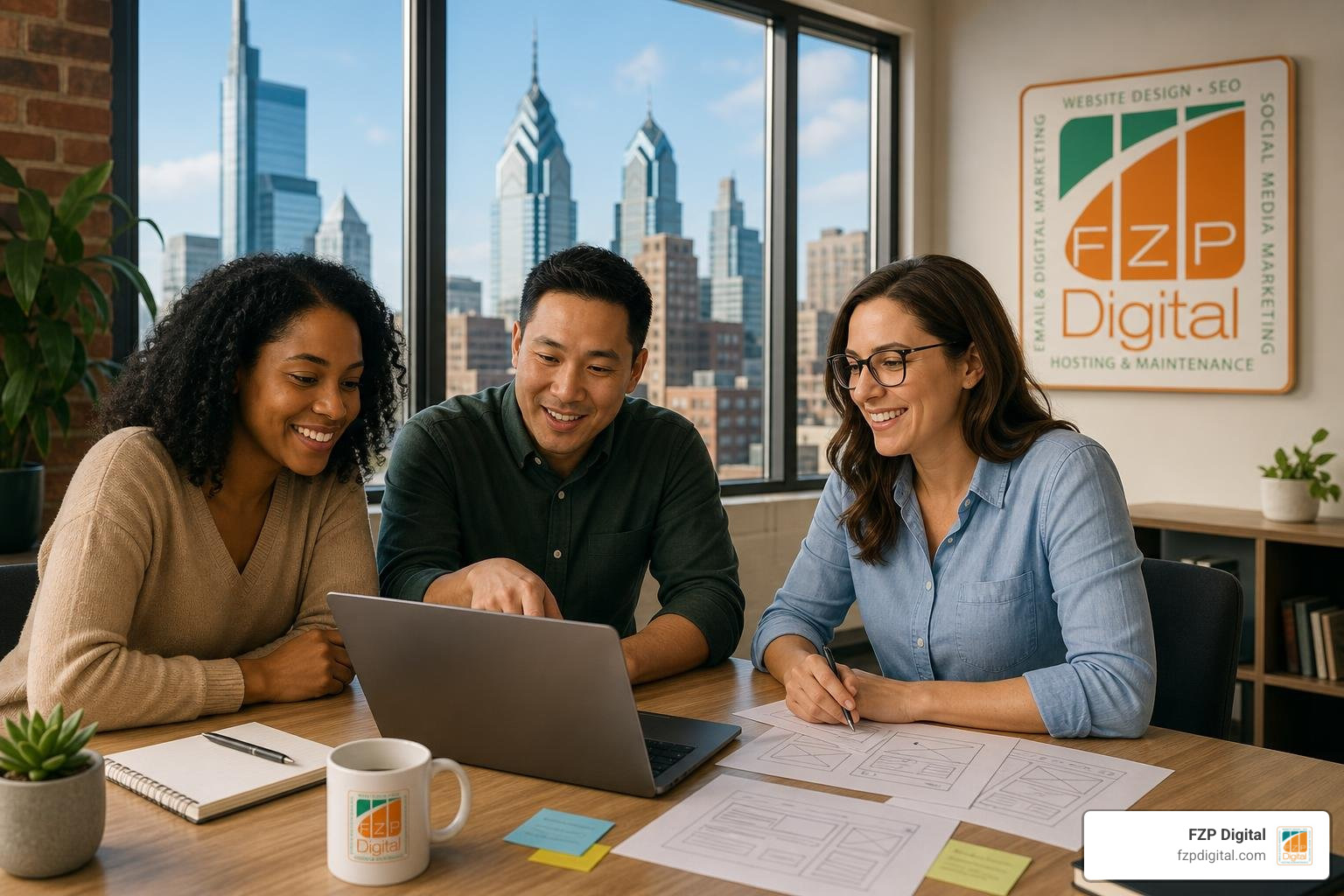 Web development team collaborating in a bright Philadelphia office with FZP Digital branding Web development team collaborating in a bright Philadelphia office with FZP Digital branding