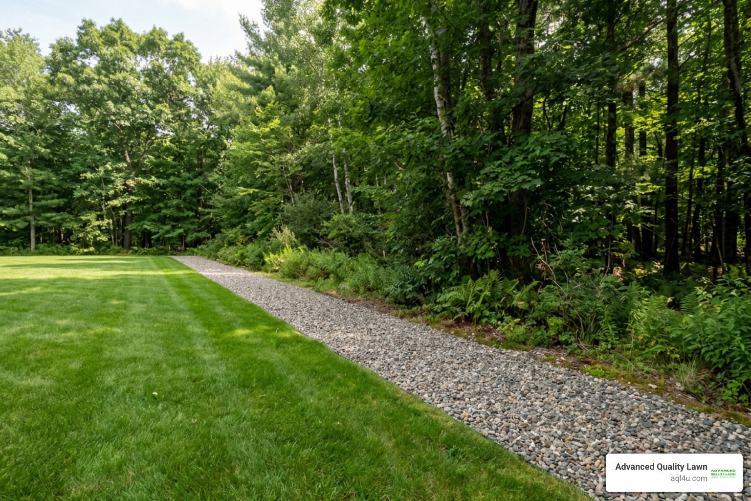 gravel buffer strip separating lawn from woods