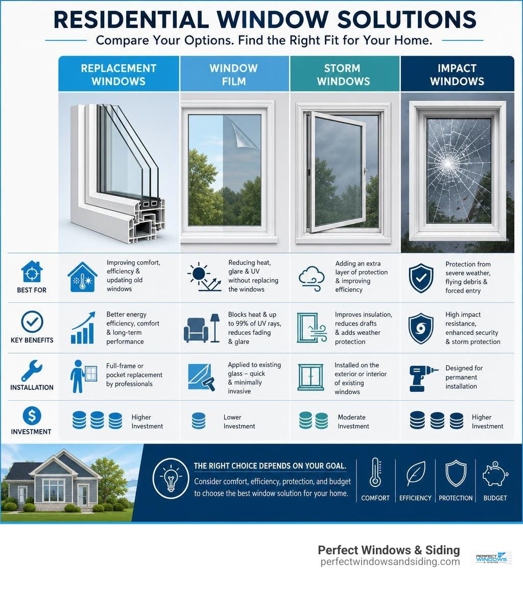 Infographic comparing replacement windows, window film, storm windows, and impact windows infographic