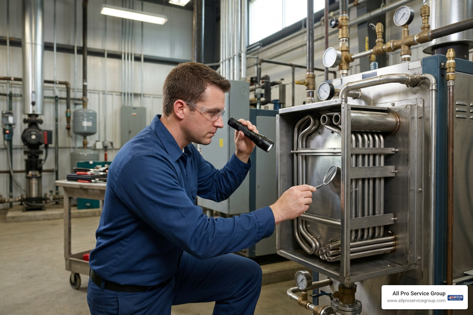 Certified technician inspecting a stainless steel boiler heat exchanger