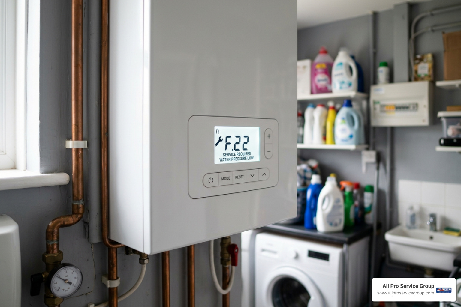 Digital boiler display showing an operational fault code
