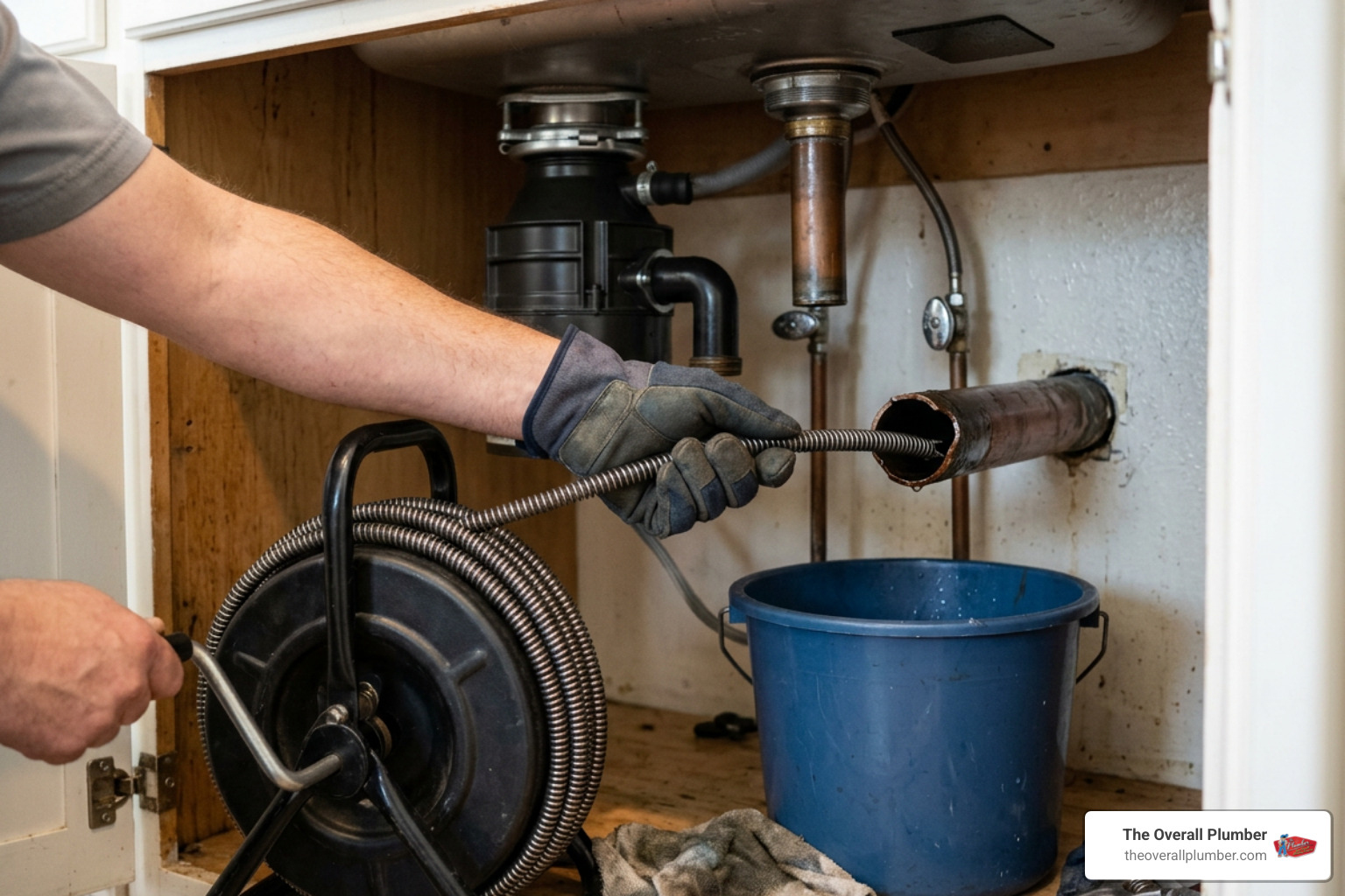 feeding a drum auger cable into an exposed kitchen wall drain feeding a drum auger cable into an exposed kitchen wall drain