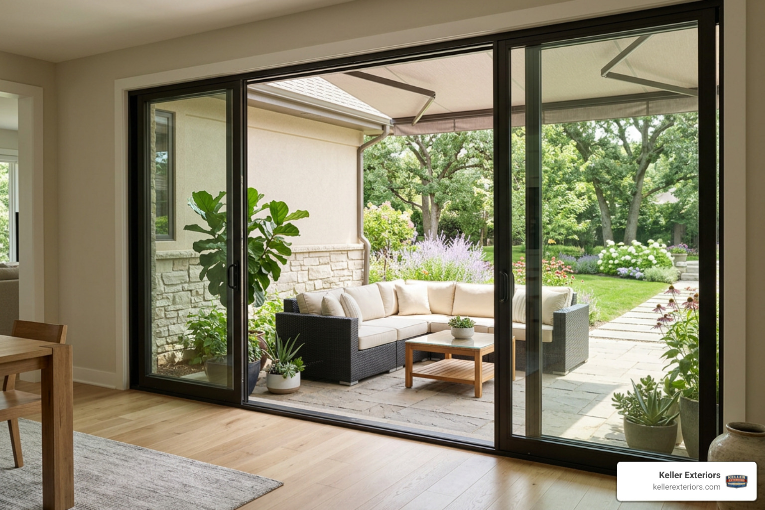 Multi-panel sliding system opening onto a backyard patio Multi-panel sliding system opening onto a backyard patio