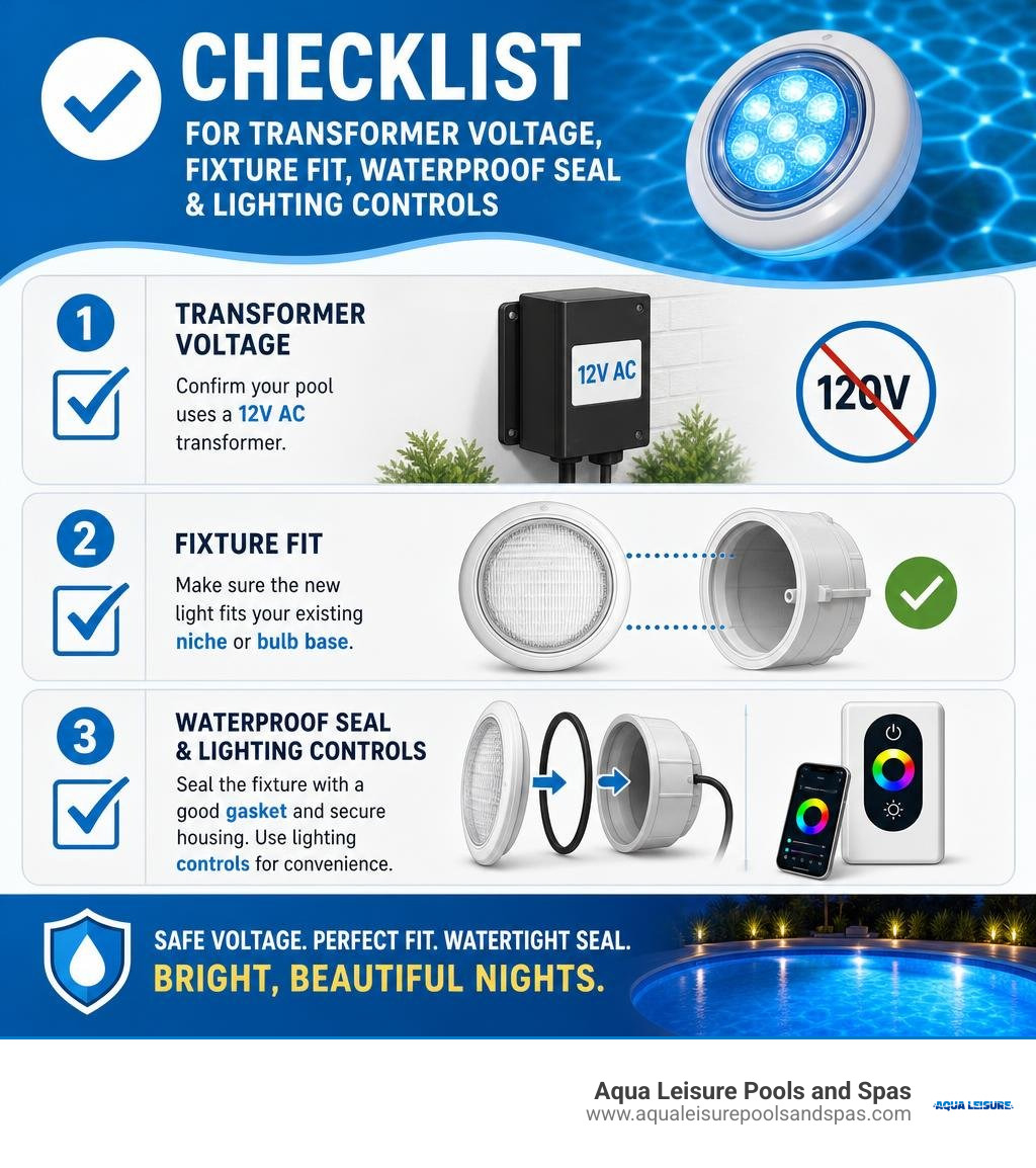 Checklist for transformer voltage fixture fit waterproof seal and lighting controls infographic