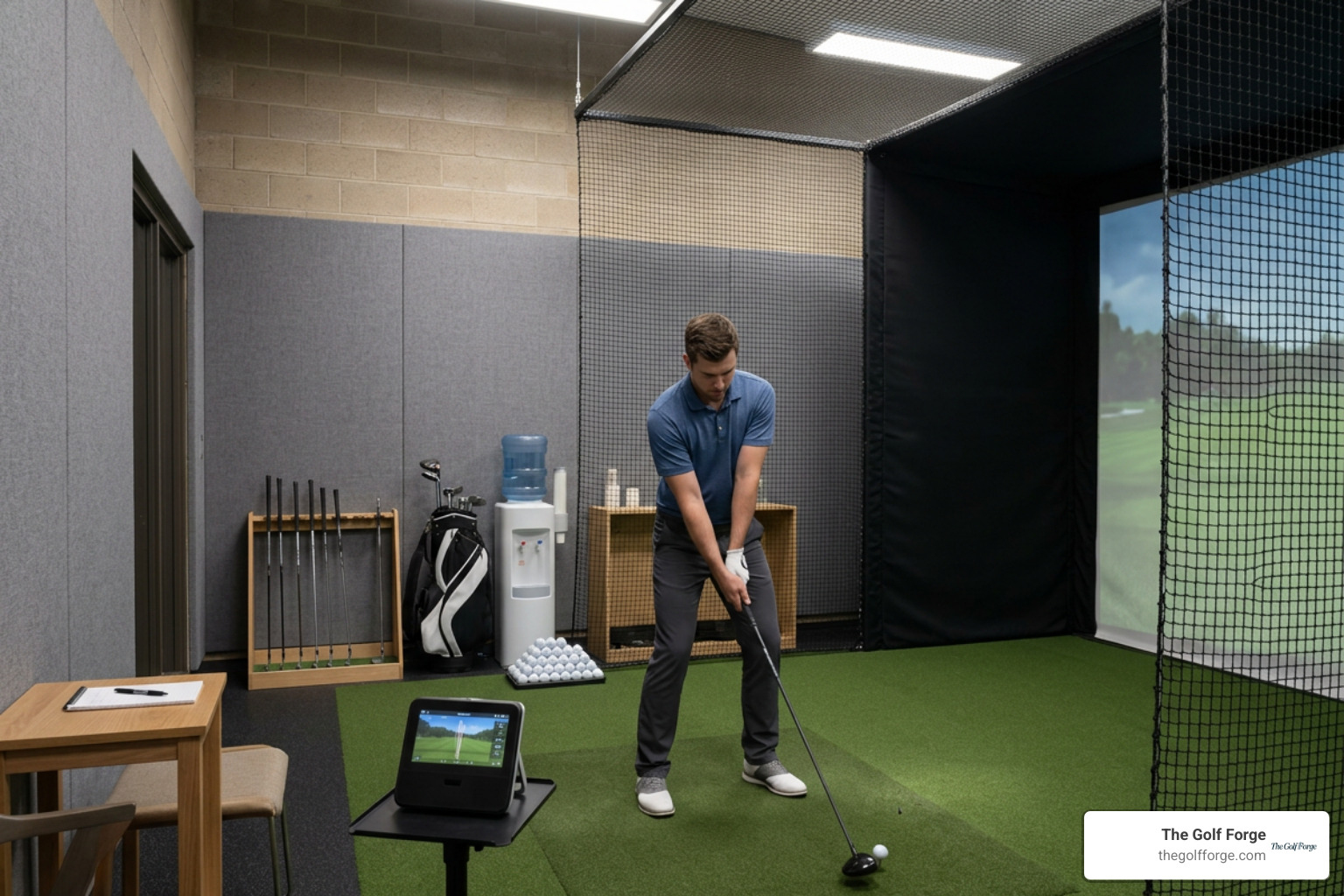 Private golf training bay with launch monitor