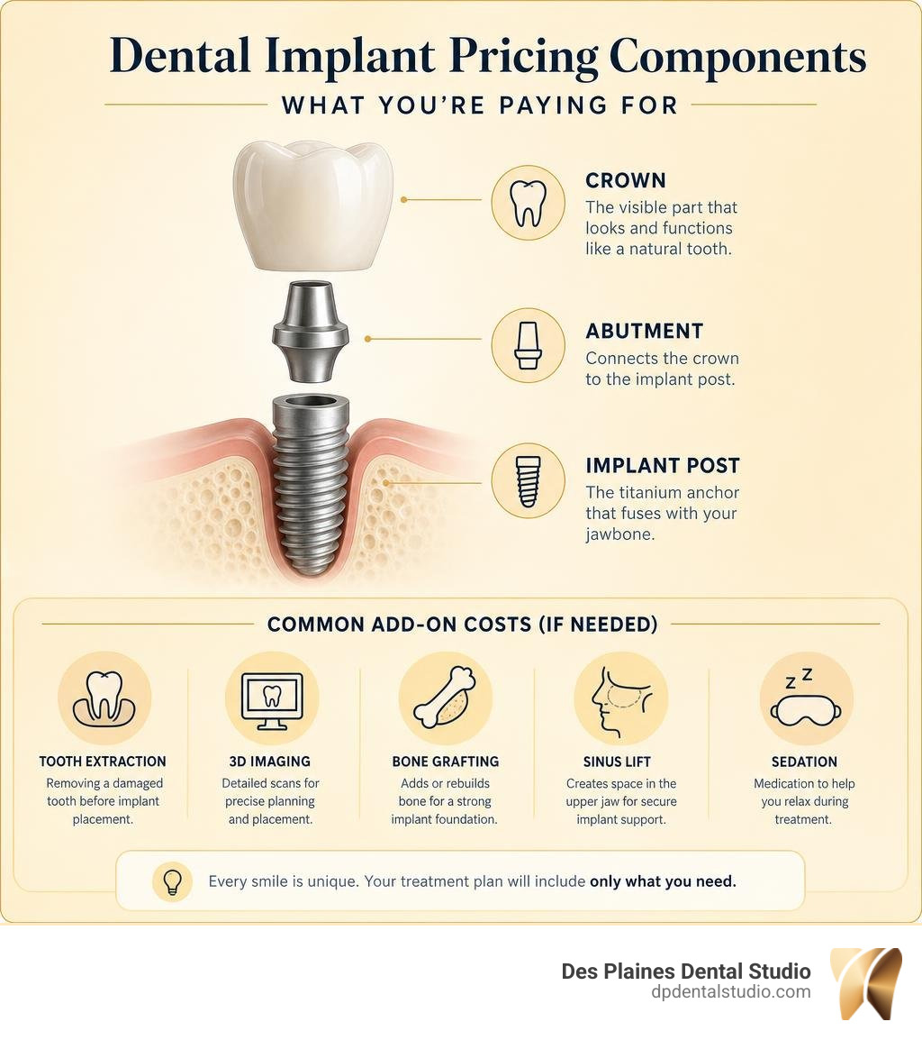 Dental implant pricing components: post, abutment, crown, and common add-on costs infographic