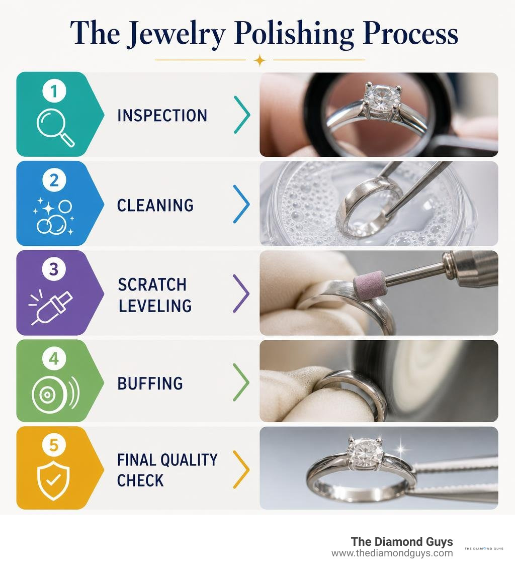 Infographic showing inspection, cleaning, scratch leveling, buffing, and final quality check infographic Infographic showing inspection, cleaning, scratch leveling, buffing, and final quality check infographic