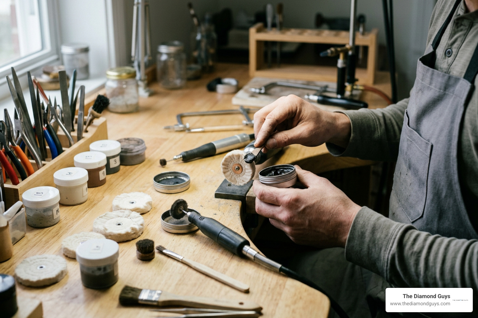 Bench jeweler preparing abrasive compounds and wheels for jewelry polishing Bench jeweler preparing abrasive compounds and wheels for jewelry polishing