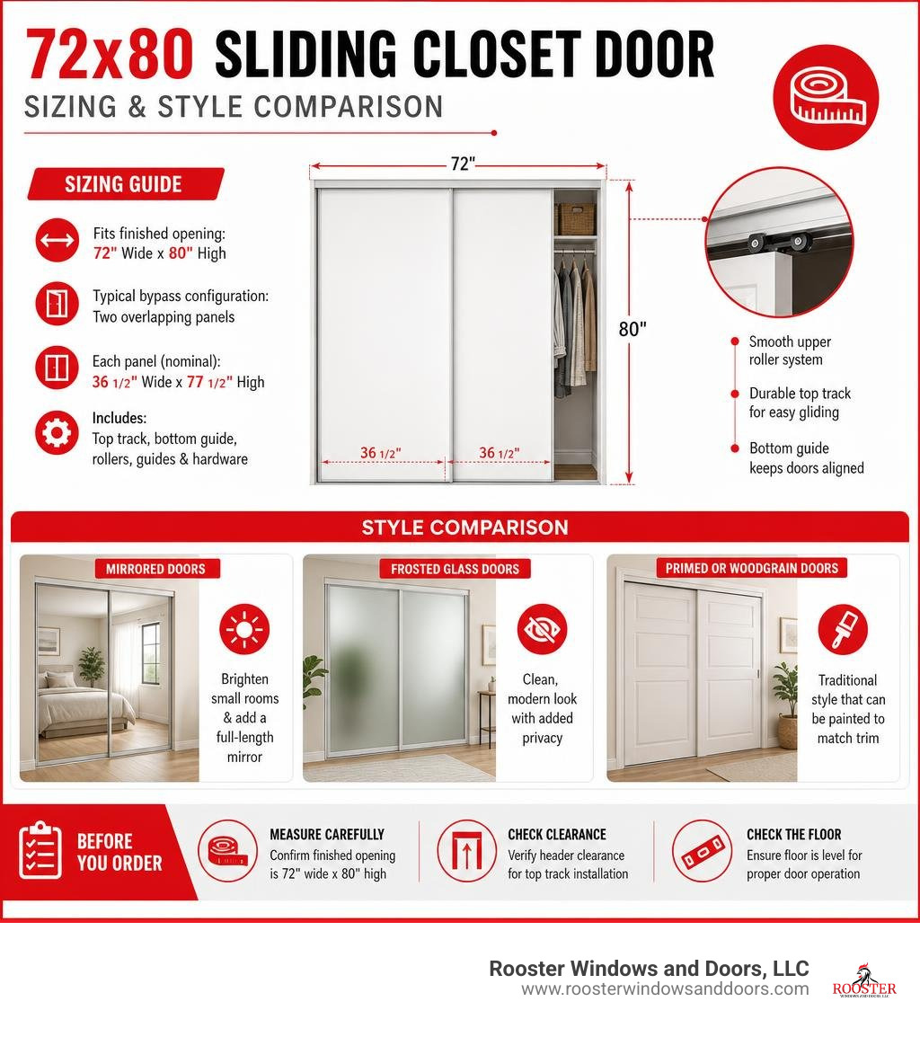 72x80 sliding closet door sizing and style comparison infographic