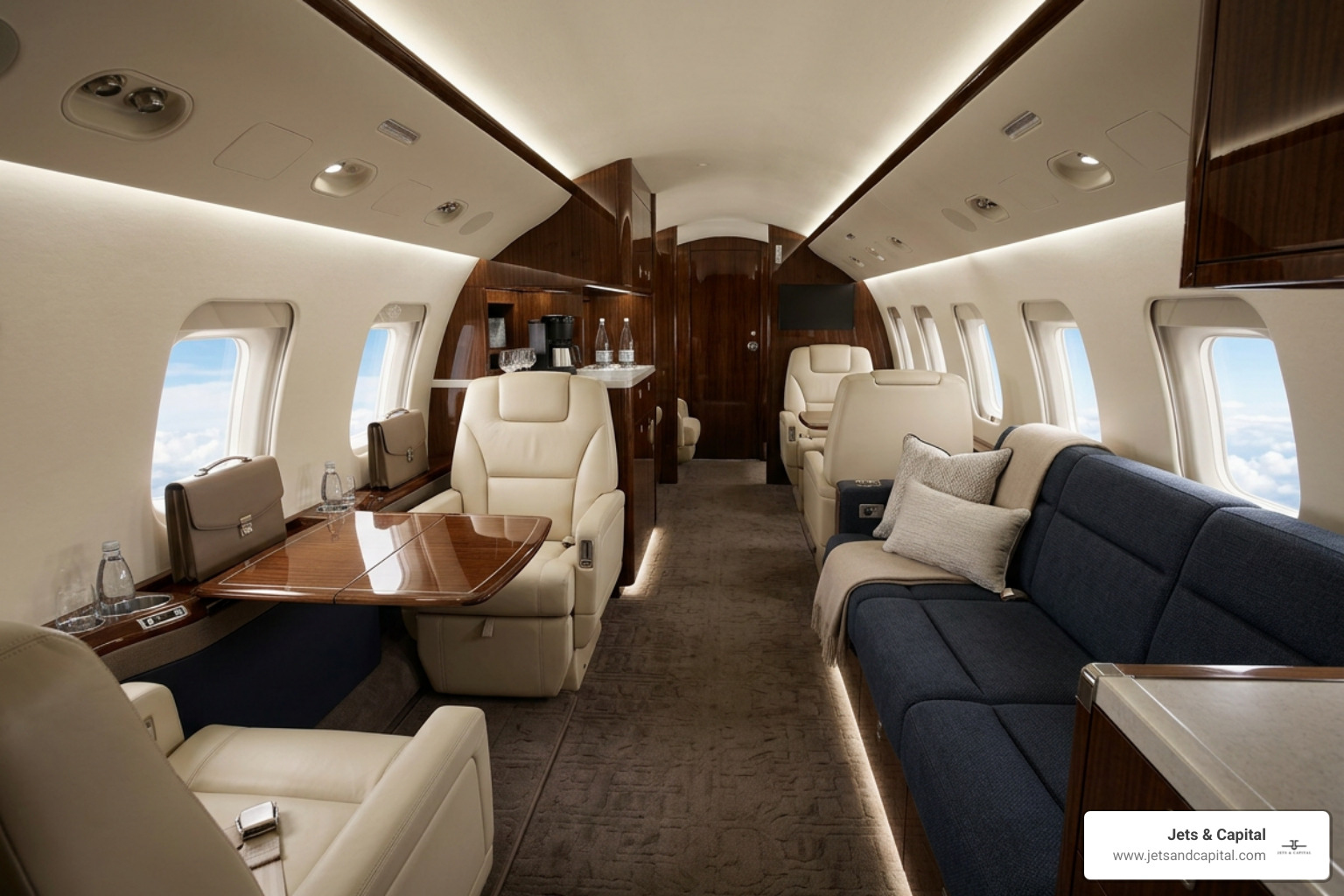 Luxurious interior cabin layout of a super-midsize corporate jet