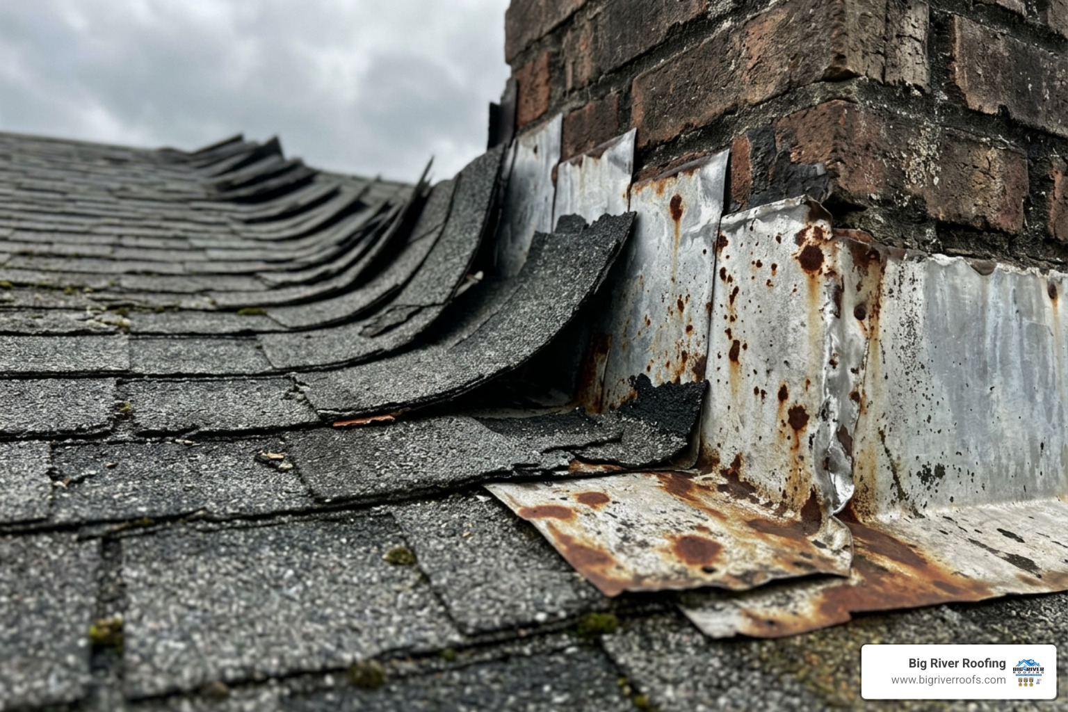 Wind-lifted shingles and degraded flashing on a residential roof