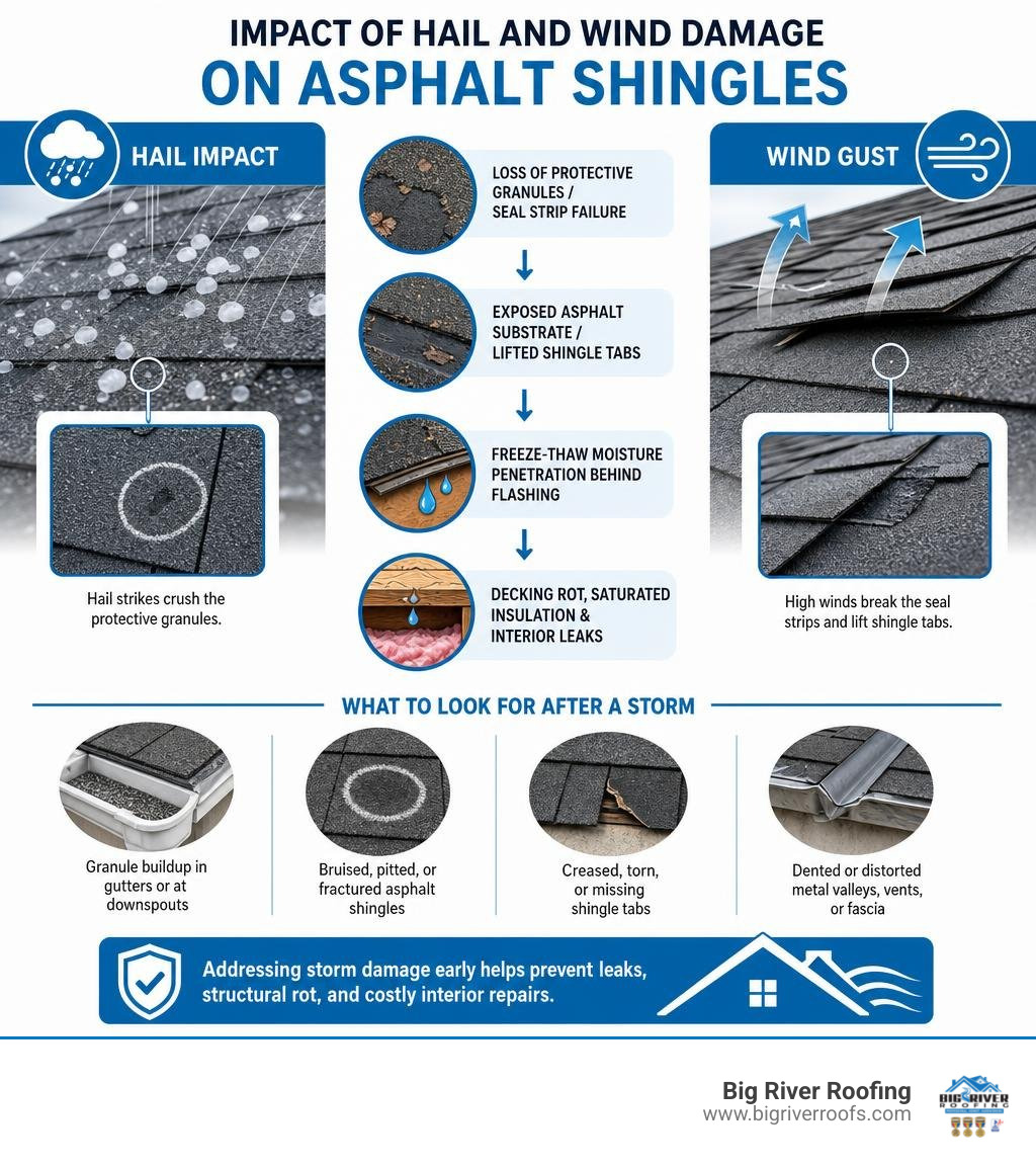 Impact of hail and wind damage on asphalt shingles infographic