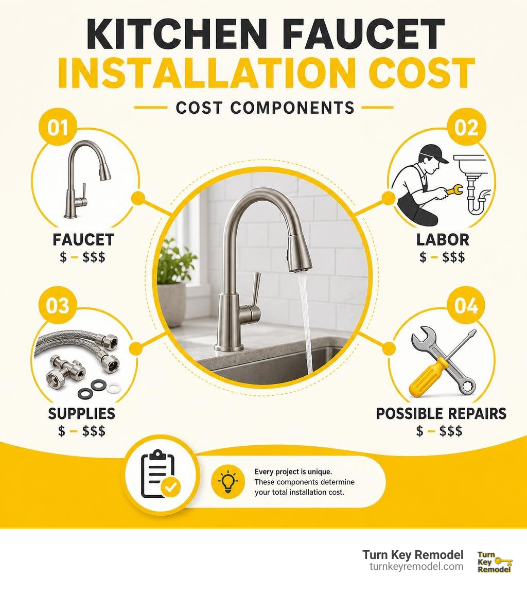 Kitchen faucet installation cost components: faucet, labor, supplies, and possible repairs infographic Kitchen faucet installation cost components: faucet, labor, supplies, and possible repairs infographic