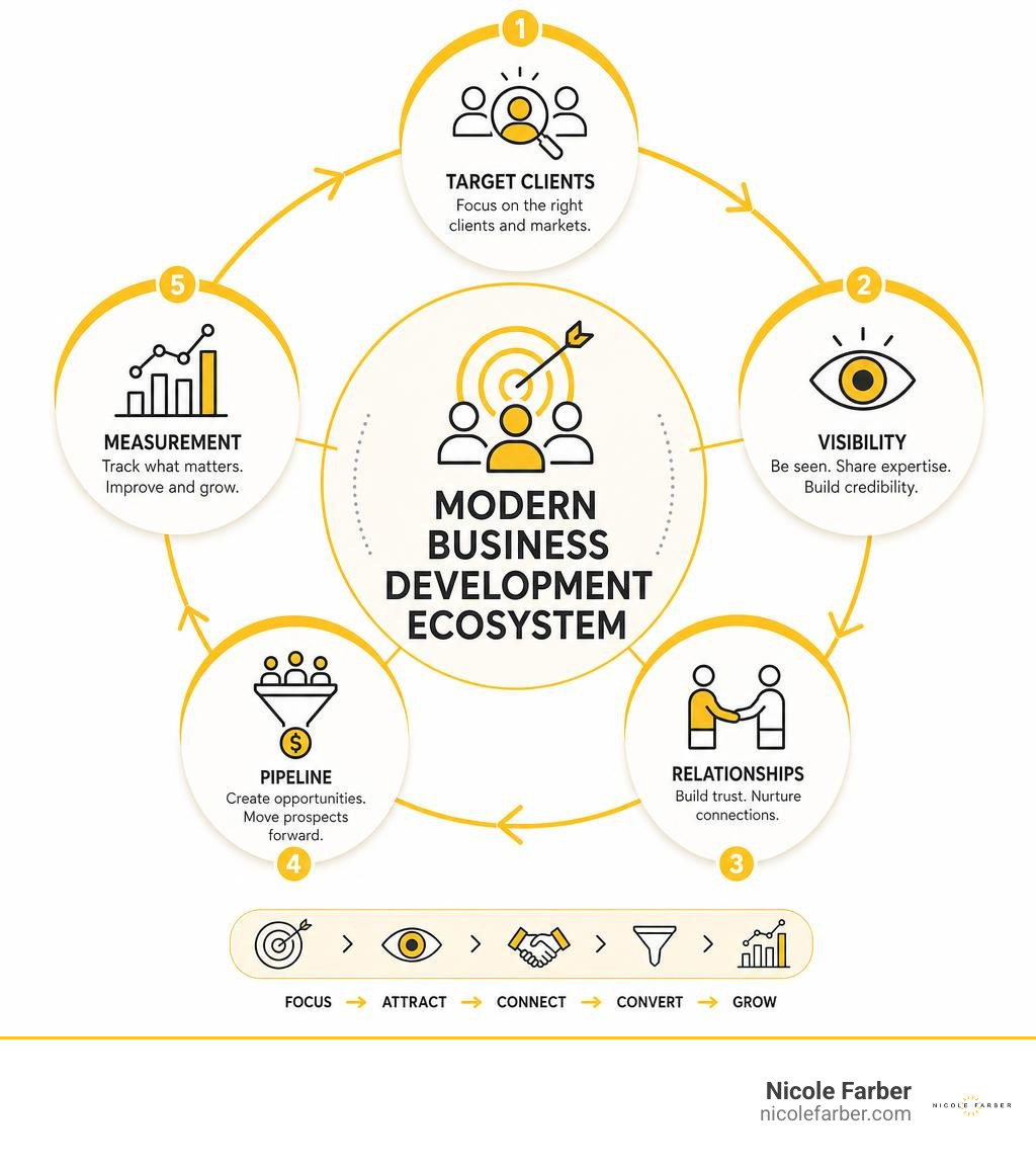 Modern business development ecosystem: target clients, visibility, relationships, pipeline, measurement infographic Modern business development ecosystem: target clients, visibility, relationships, pipeline, measurement infographic