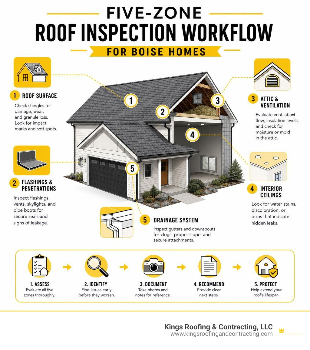 Five-zone roof inspection workflow for Boise homes infographic Five-zone roof inspection workflow for Boise homes infographic