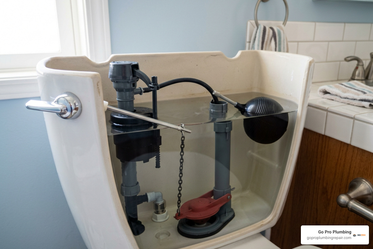 Inside of a residential toilet tank with labeled components Inside of a residential toilet tank with labeled components
