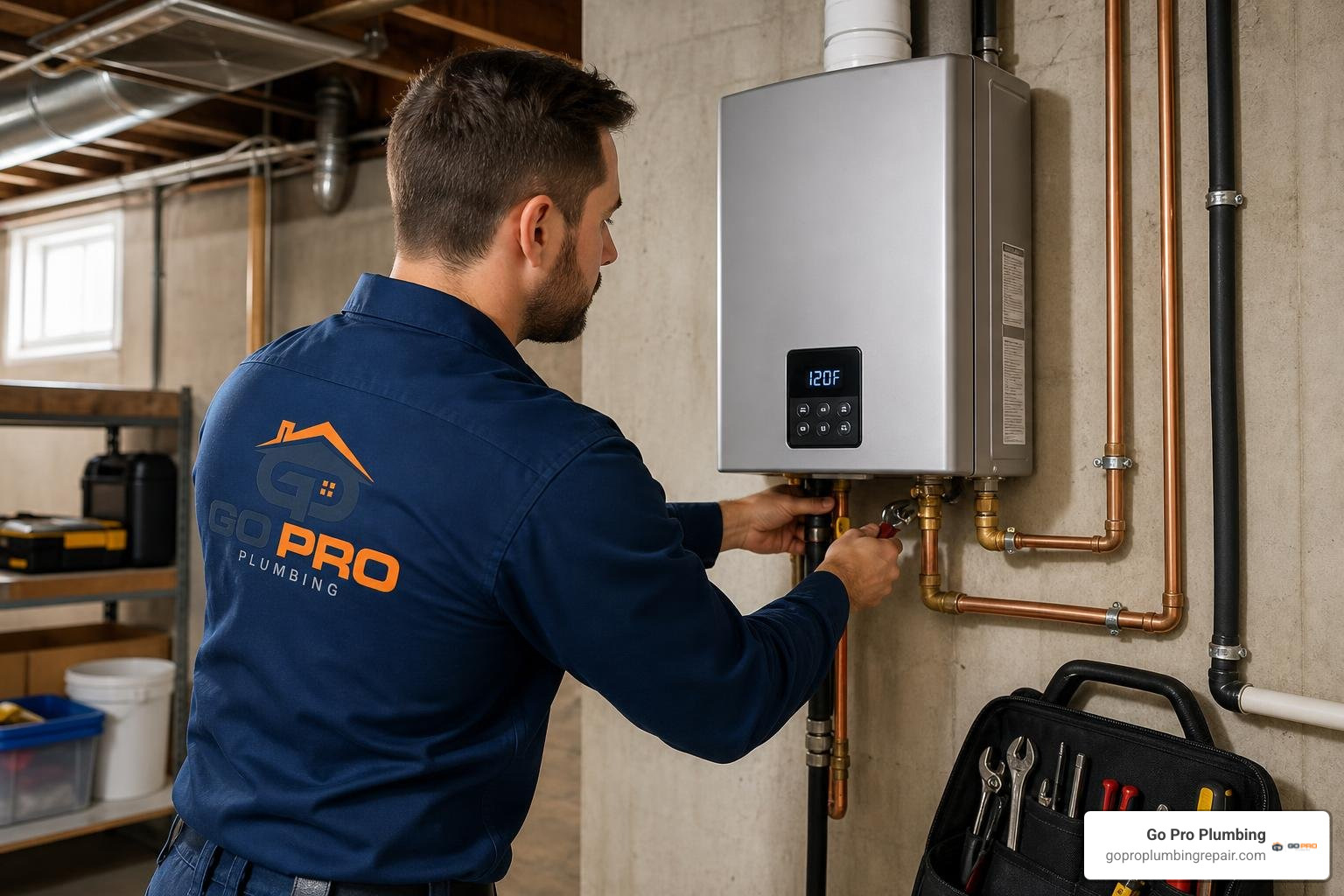 licensed plumber installing an energy-efficient tankless water heater licensed plumber installing an energy-efficient tankless water heater