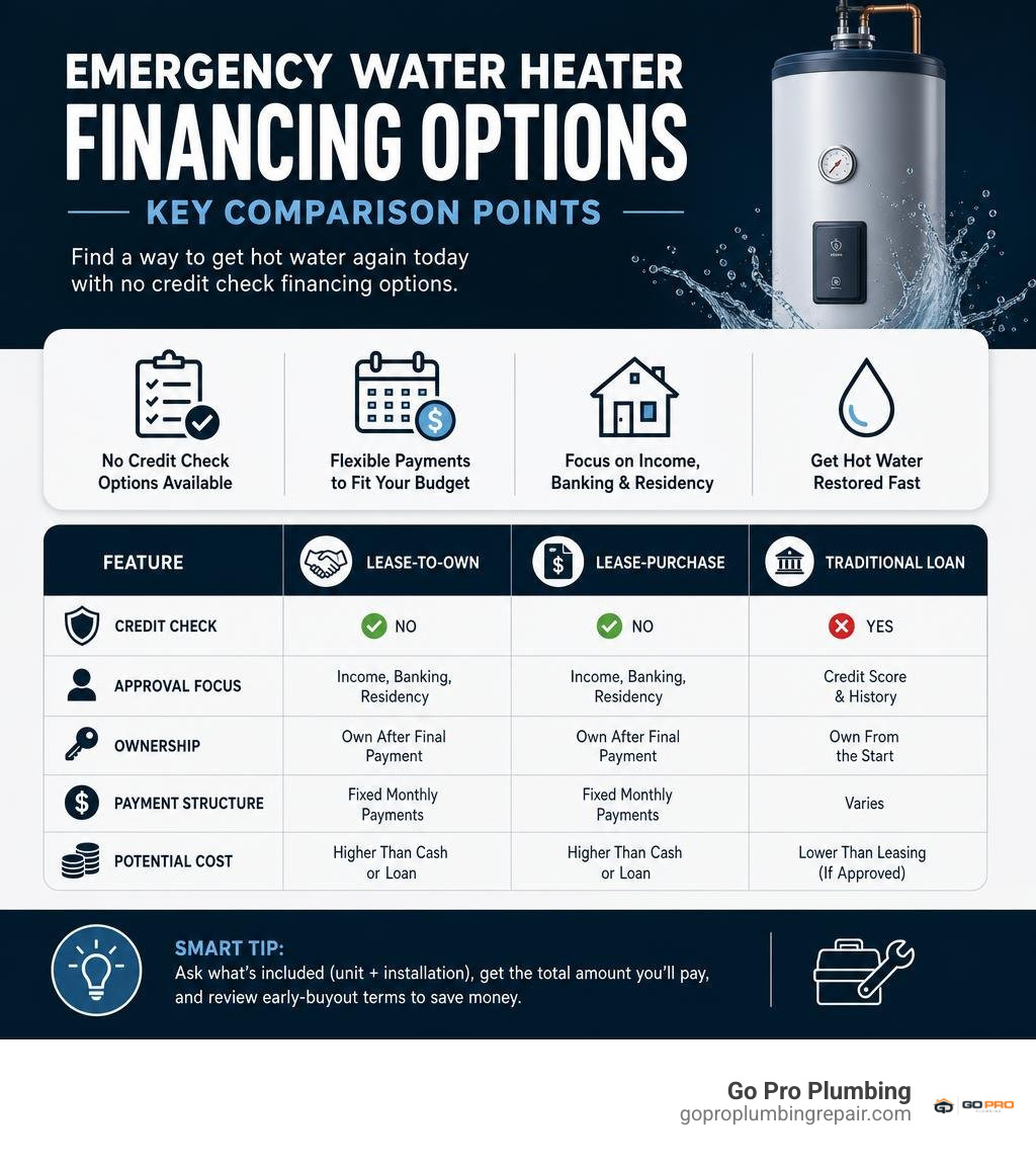 Emergency water heater financing options and key comparison points infographic Emergency water heater financing options and key comparison points infographic