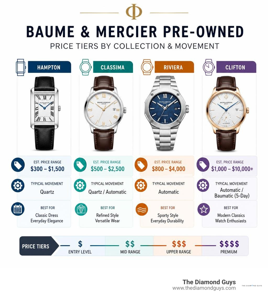 Baume and Mercier pre-owned price tiers by collection and movement infographic Baume and Mercier pre-owned price tiers by collection and movement infographic