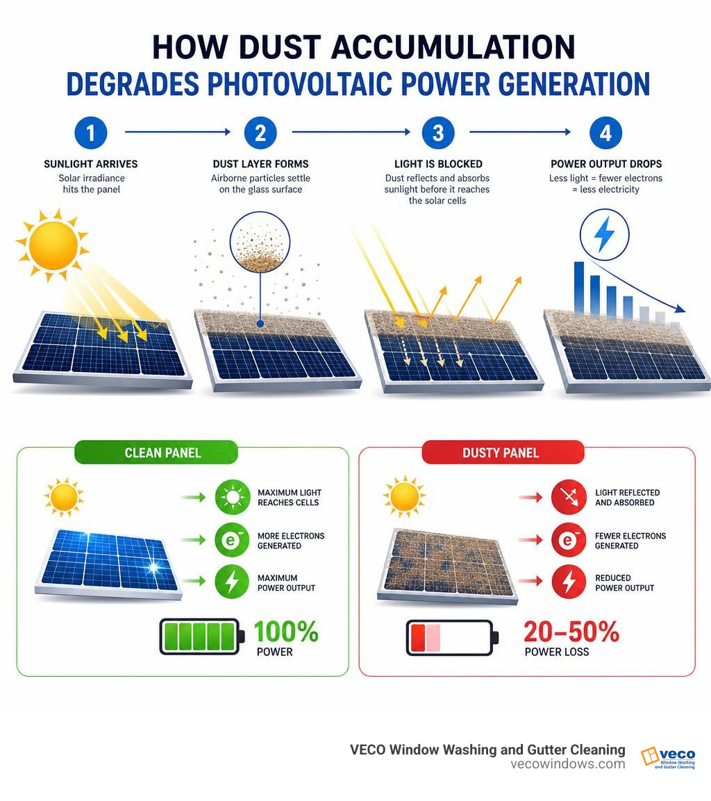 Infographic showing how dust accumulation degrades photovoltaic power generation infographic Infographic showing how dust accumulation degrades photovoltaic power generation infographic