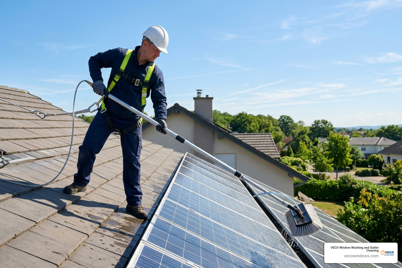 Technician cleaning residential roof solar panels with pure water pole Technician cleaning residential roof solar panels with pure water pole