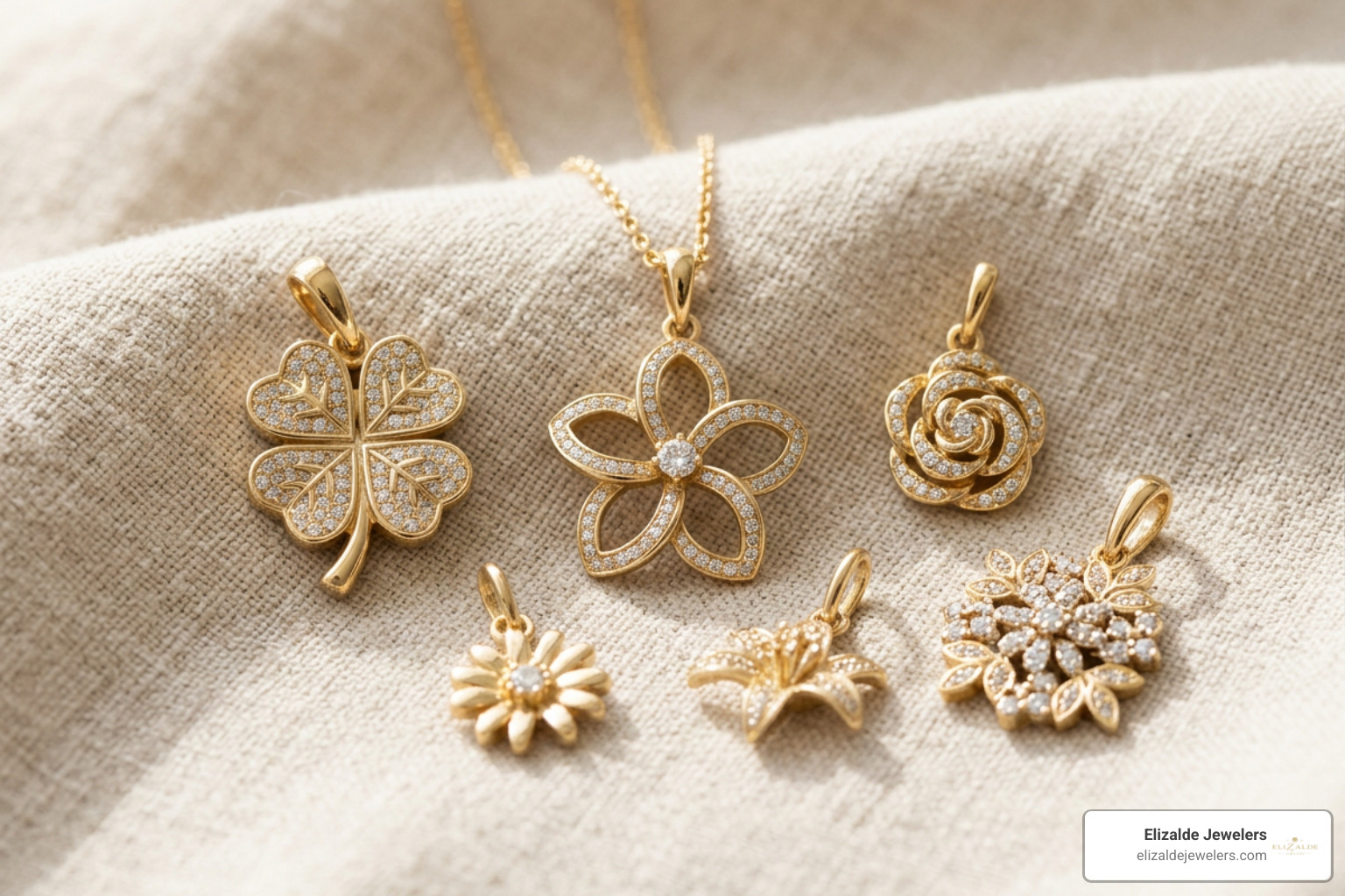Diamond pave accents and floral gold charms