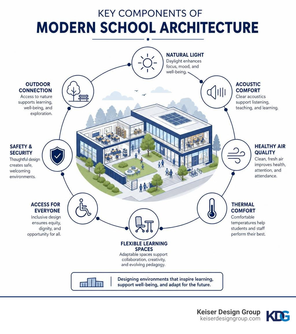 Key components of modern school architecture infographic