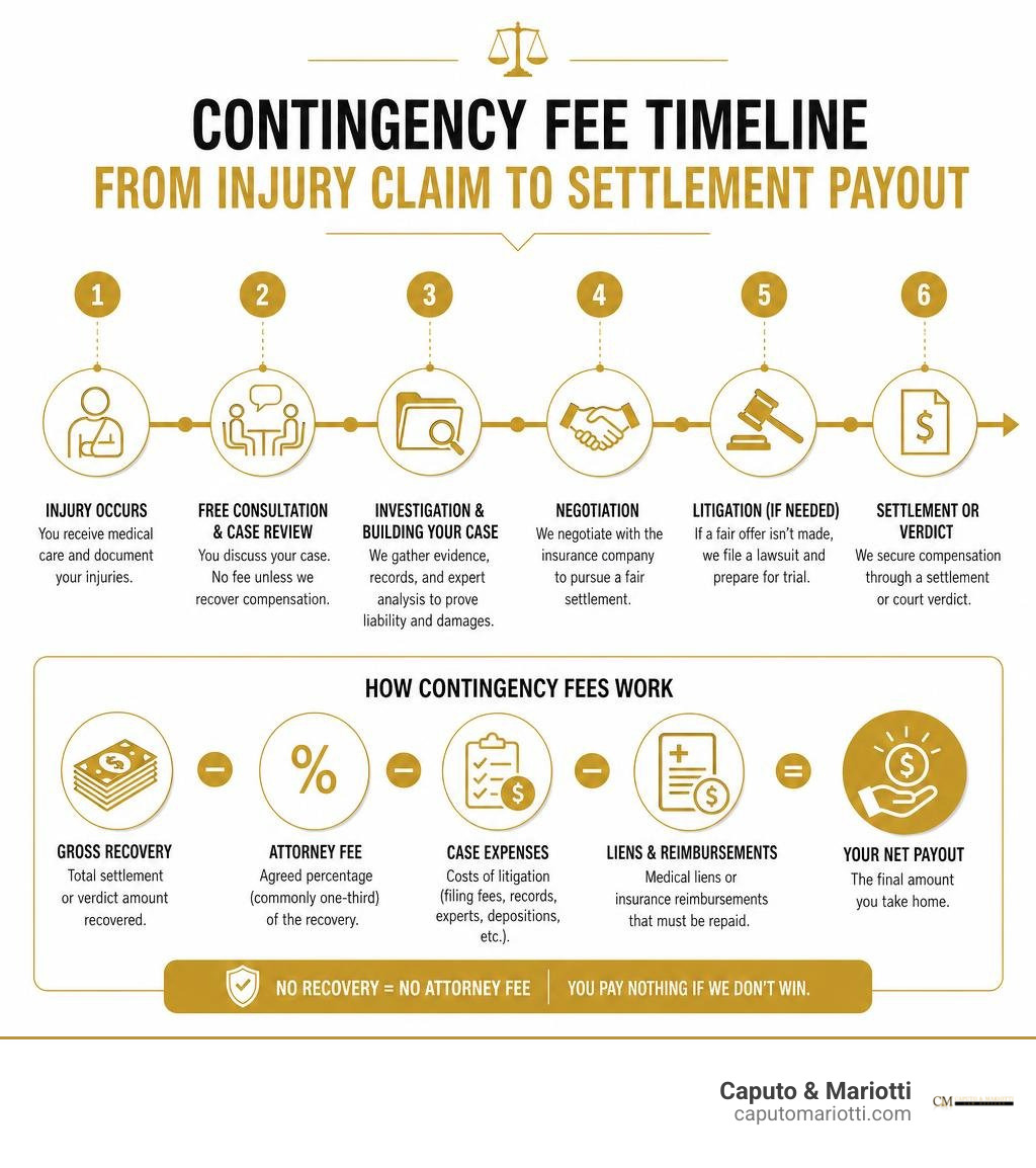 Contingency fee timeline from injury claim through settlement payout infographic Contingency fee timeline from injury claim through settlement payout infographic