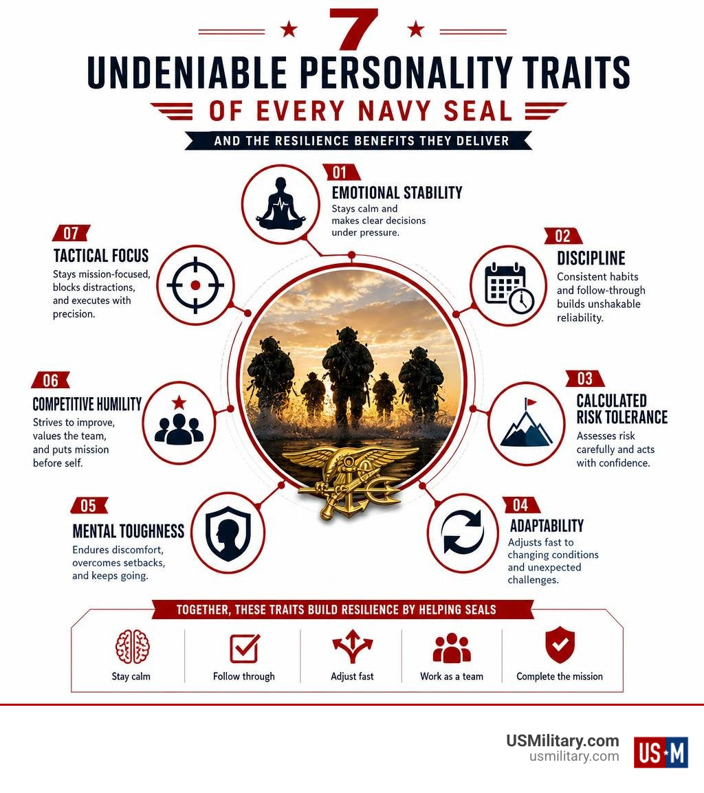 Infographic of seven Navy SEAL personality traits and resilience benefits infographic Infographic of seven Navy SEAL personality traits and resilience benefits infographic