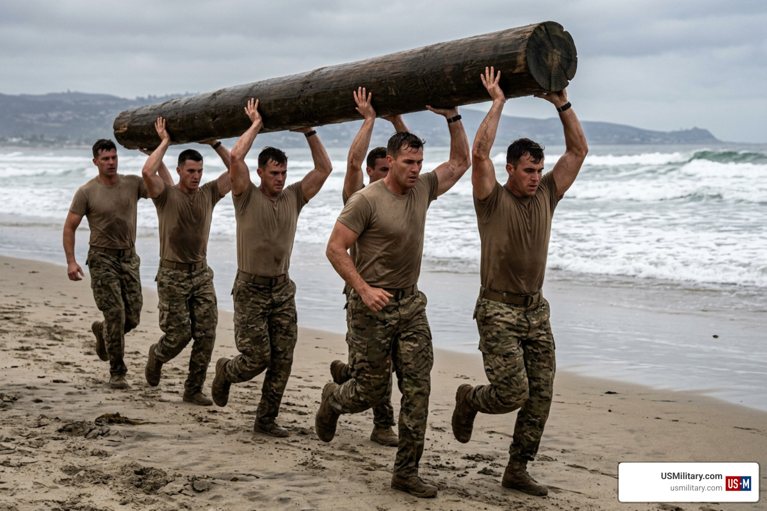BUD/S candidates conducting log physical training on Coronado beach