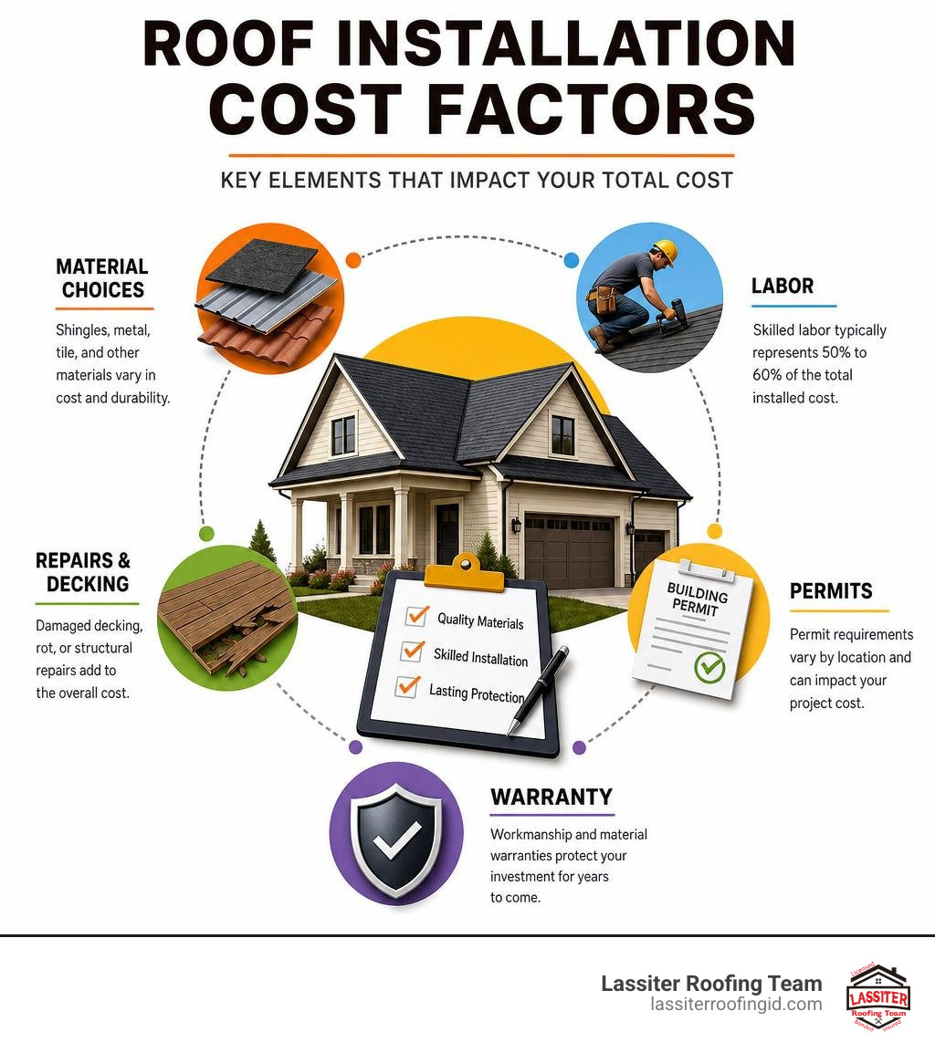 Roof installation cost factors, material choices, labor, repairs, permits, and warranty infographic