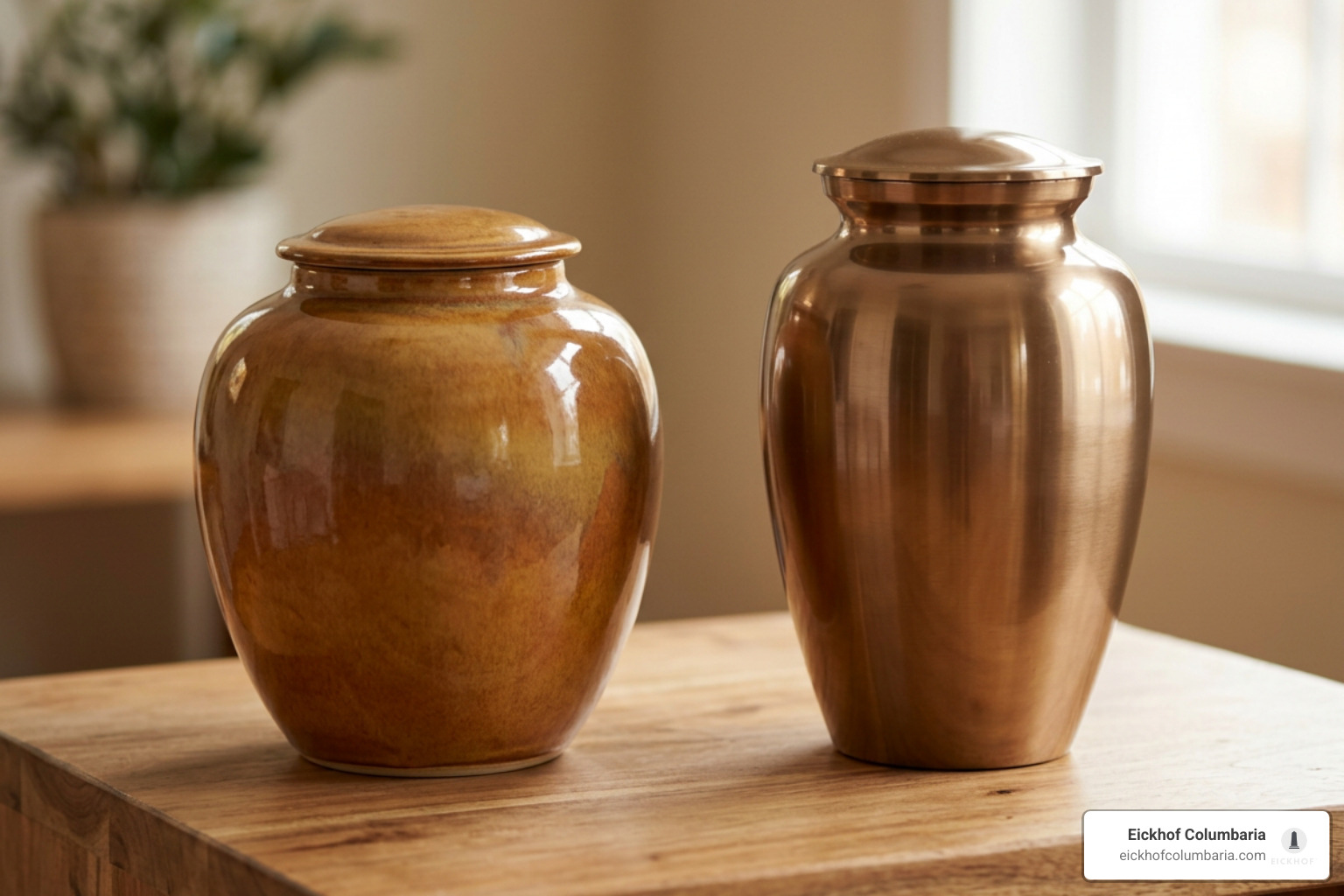 Handcrafted ceramic and metal urn finishes