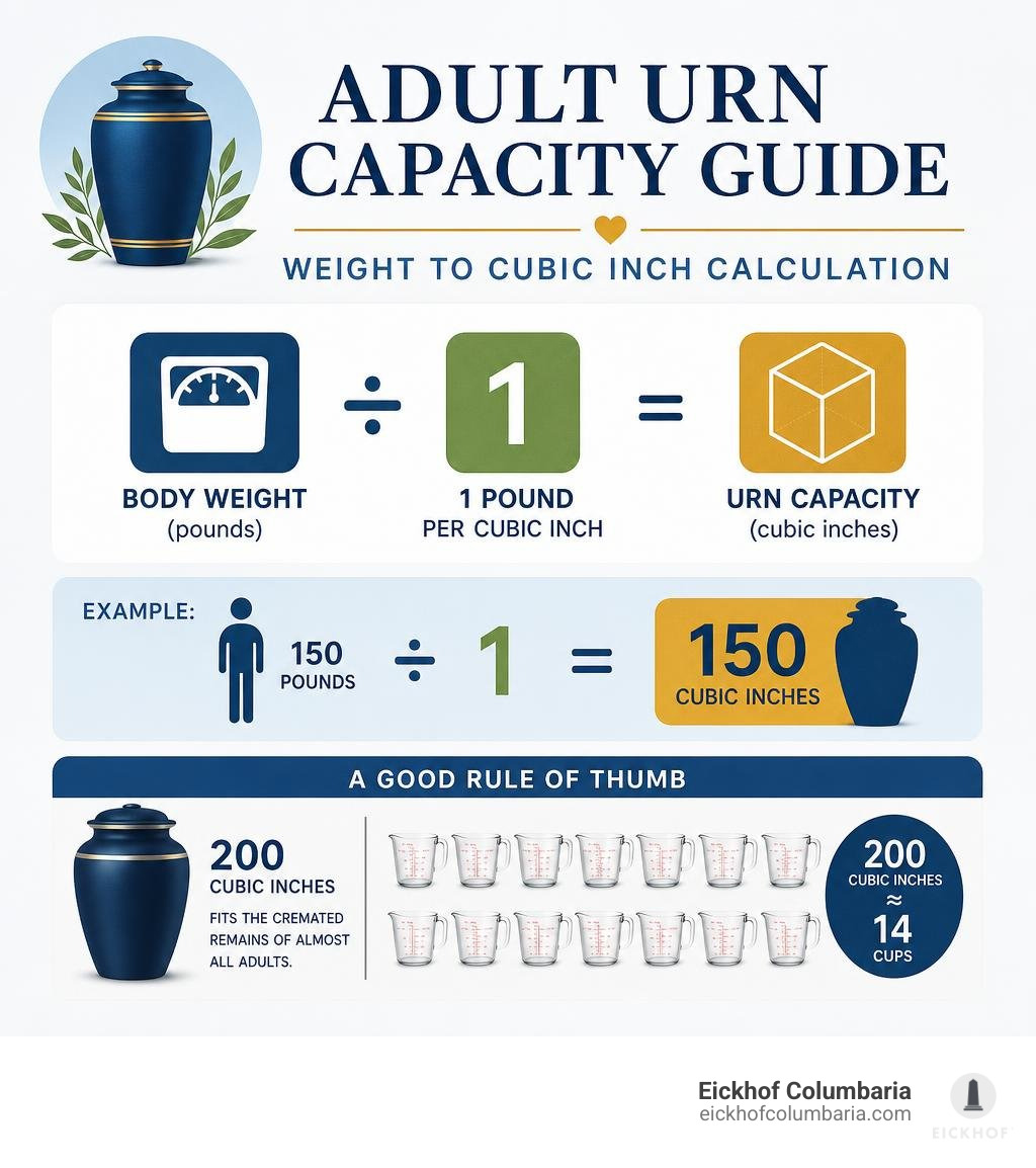 Adult urn capacity guide showing weight to cubic inch calculation infographic
