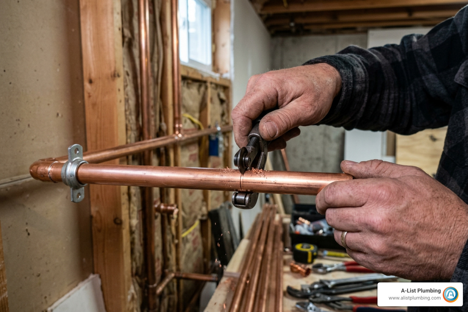 plumber cutting copper pipe with mini tubing cutter