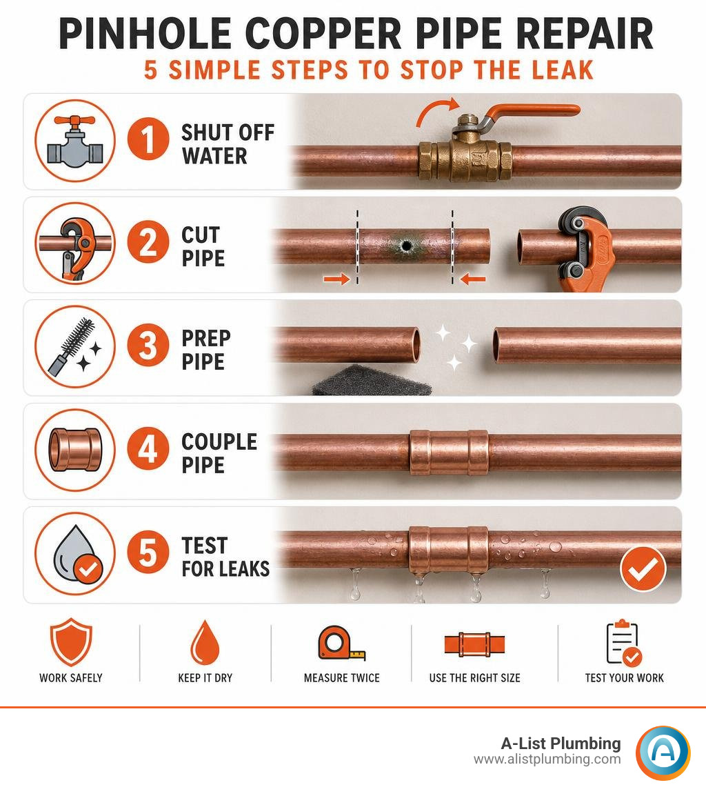 Pinhole copper pipe repair steps: shut off water, cut pipe, prep, couple, test infographic