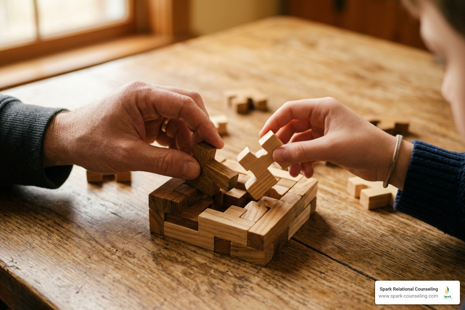 Minimalist close up of adult and youth hands building a wooden puzzle together