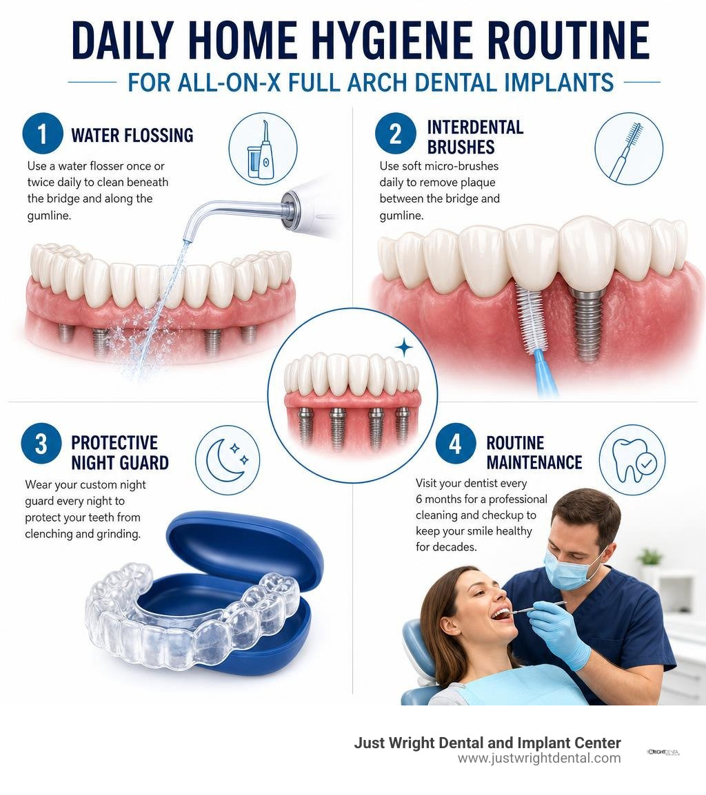 daily home hygiene routine for all-on-x full arch dental implants infographic