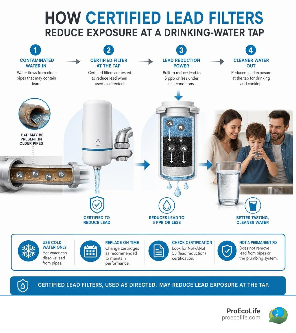 How certified lead filters reduce exposure at a drinking-water tap infographic