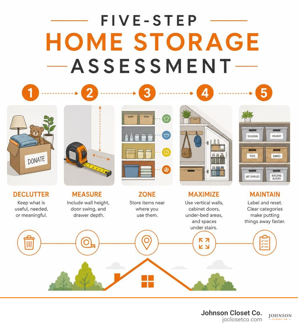 Five-step home storage assessment:declutter, measure, zone, maximize, maintain infographic