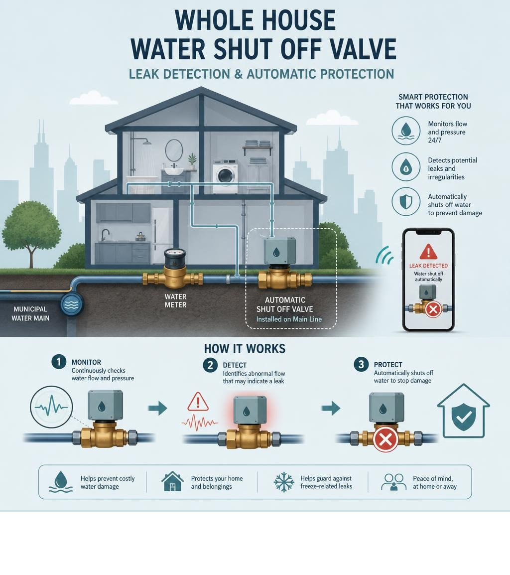 infographic showing whole house water shut off valve leak detection and automatic protection infographic infographic showing whole house water shut off valve leak detection and automatic protection infographic