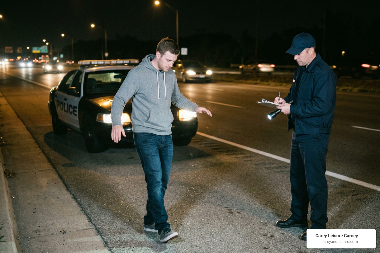 driver performing roadside sobriety testing on a roadway