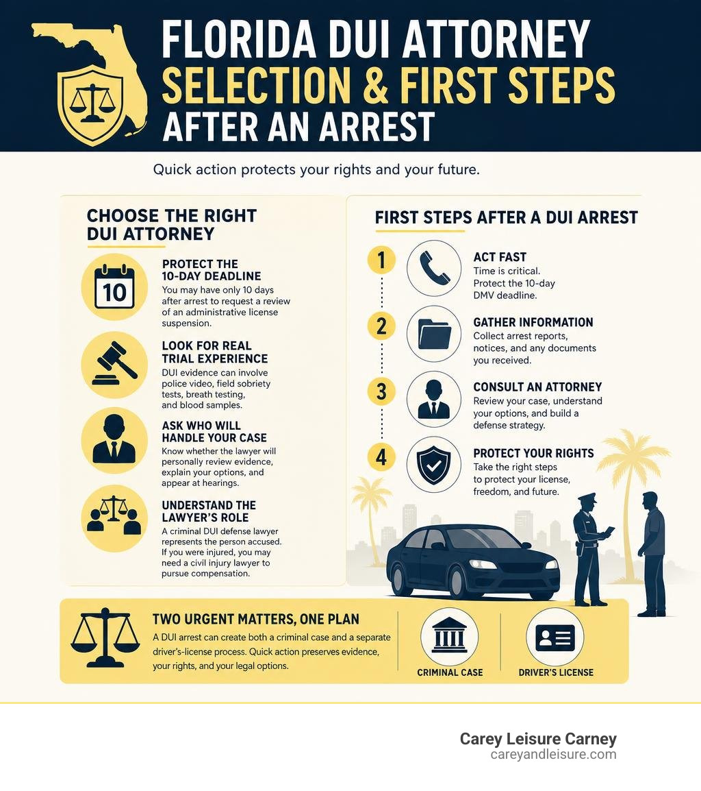 Florida DUI attorney selection and first steps after an arrest infographic