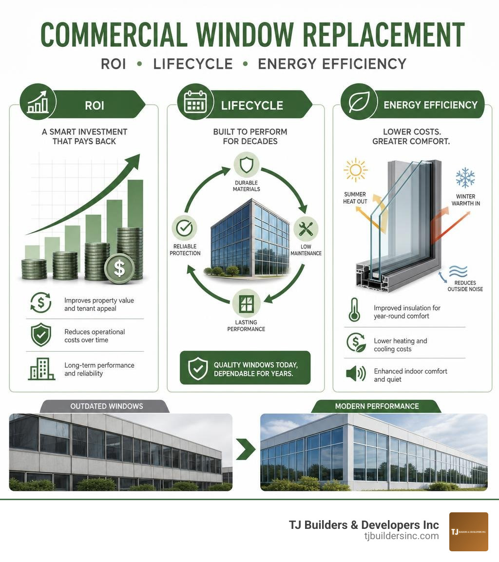 Commercial window replacement ROI, lifecycle, and energy efficiency breakdown infographic