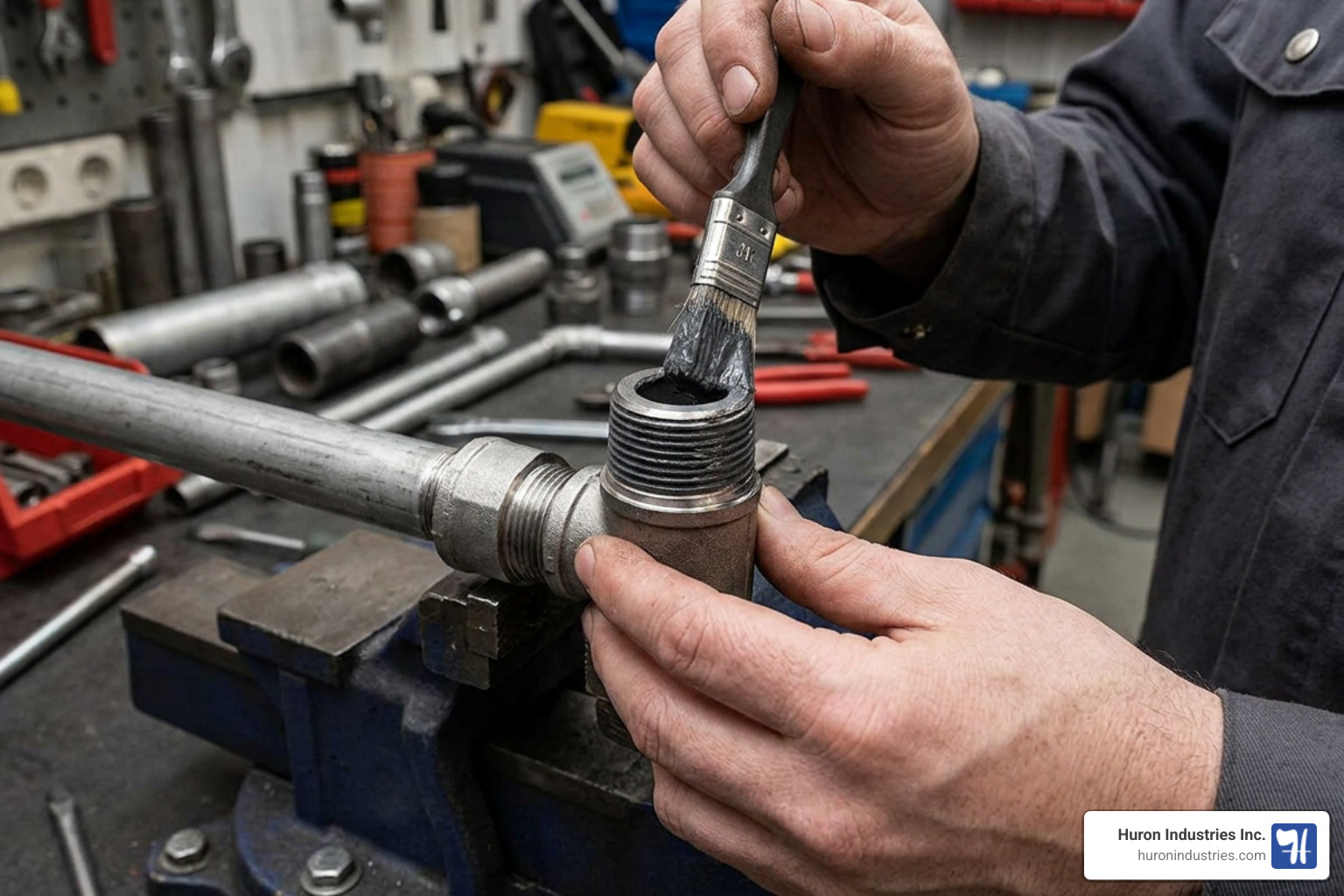 Application of graphite thread paste on male NPT pipe fitting threads