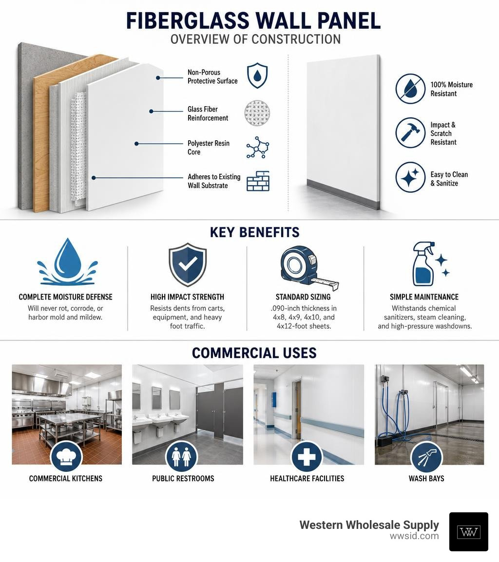 Overview of fiberglass wall panel construction, key benefits, and commercial uses infographic Overview of fiberglass wall panel construction, key benefits, and commercial uses infographic