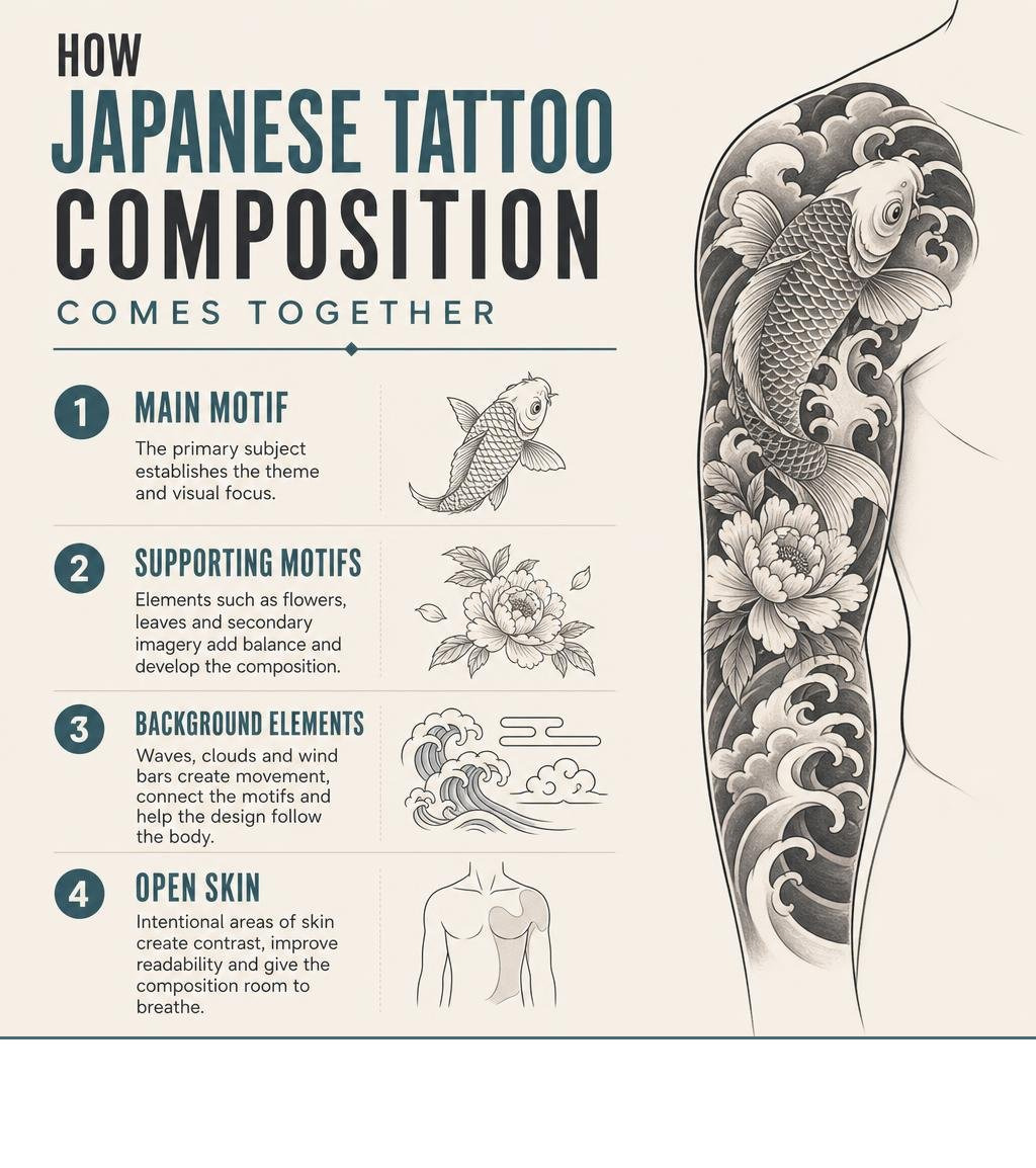 Artist-style diagram showing main subject, supporting imagery, background flow and open skin in a Japanese tattoo