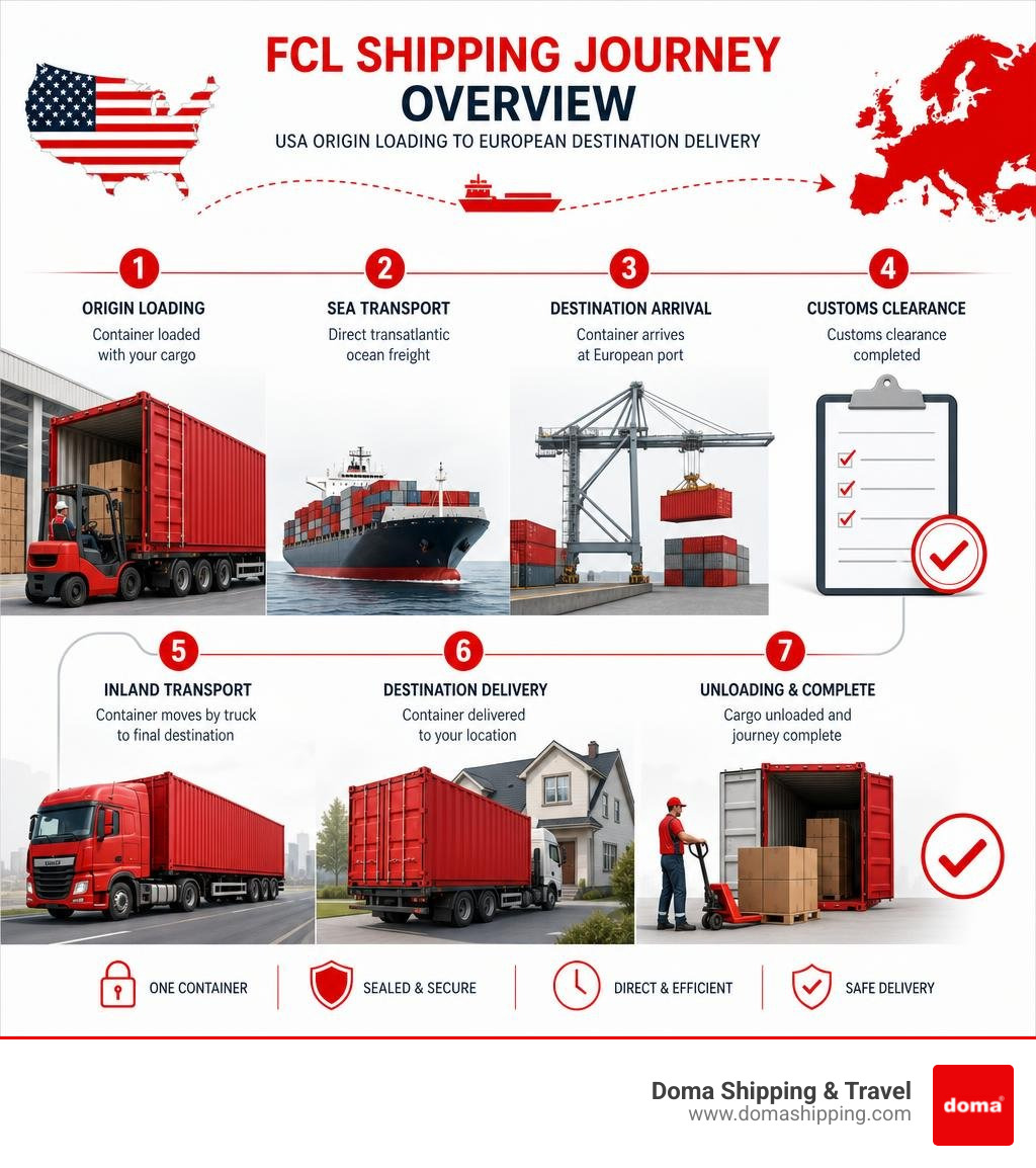 FCL shipping journey overview from USA origin loading to European destination delivery infographic
