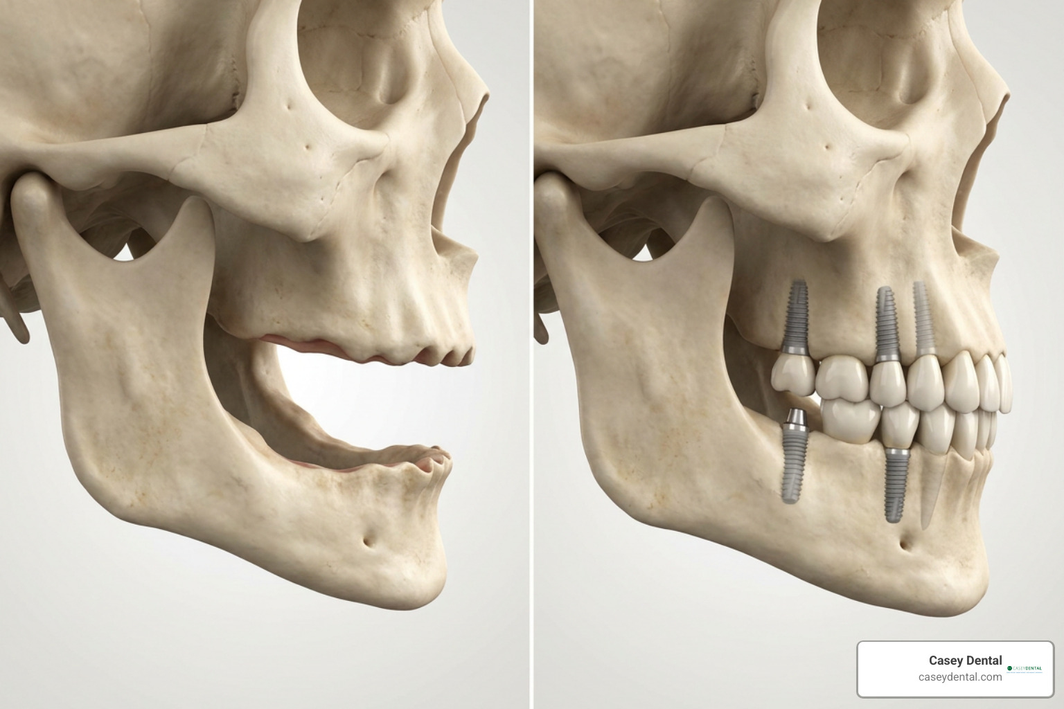 Bone loss from traditional dentures compared to bone preservation with dental implants